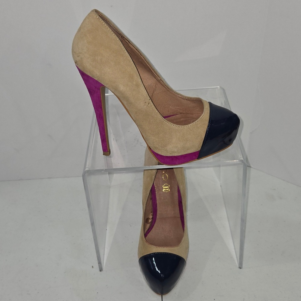Aldo Abrianna Tan Suede Fuchsia Navy Patent Cap Toe Platform Pumps Heels 6.5 37